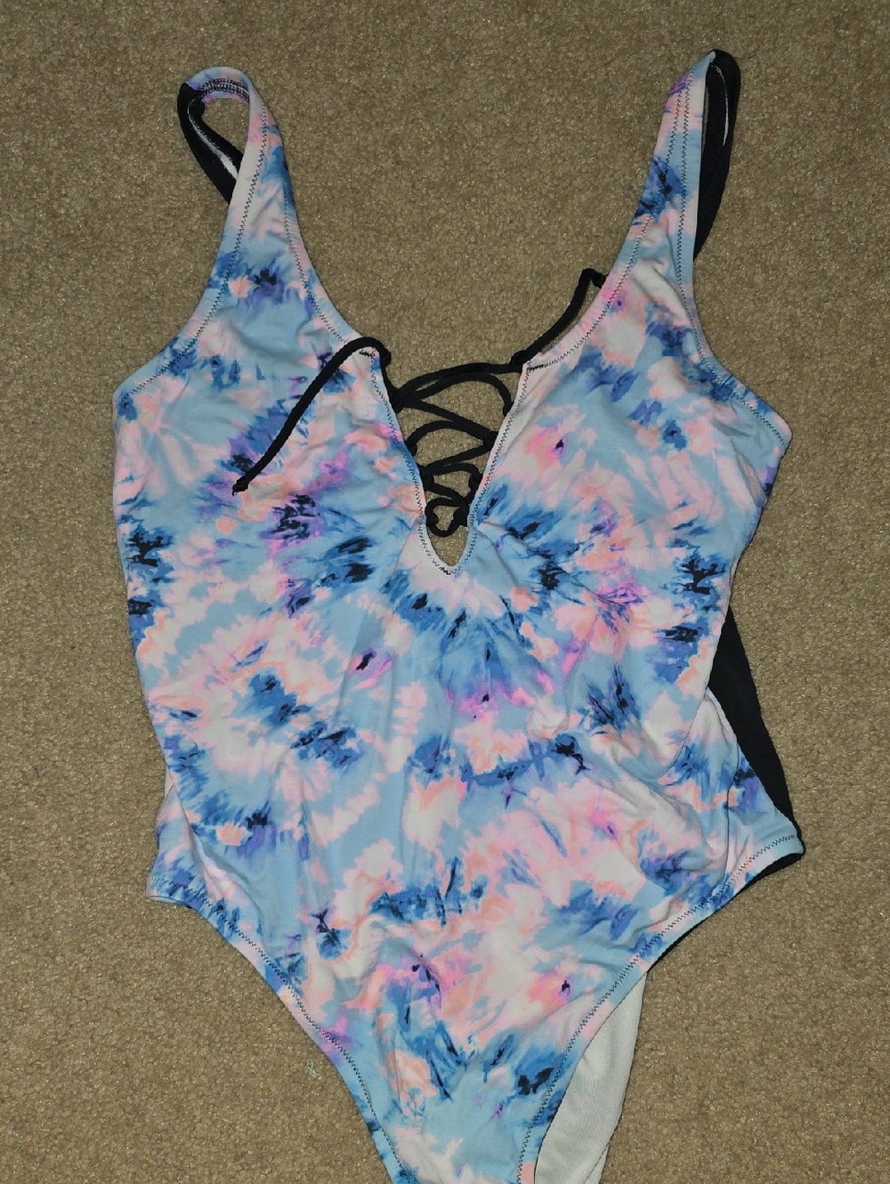PINK Victoria's Secret Blue and Pink Tie-Dye Lace-Up One-Piece
